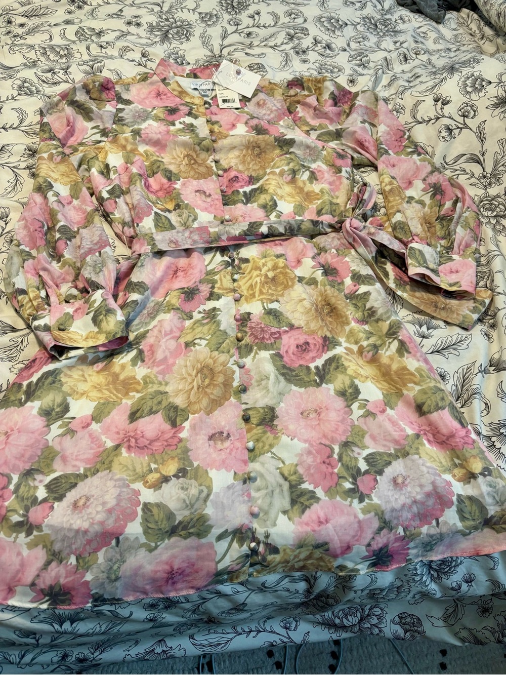 New Lucy Paris Pink and Yellow Floral Button-Front Long Sleeve Dress Medium